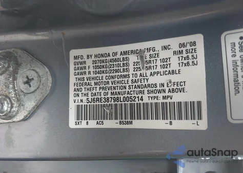 2008 Honda Cr-V Ex-L из США, поврежденный, VIN 5J6RE38798L005214